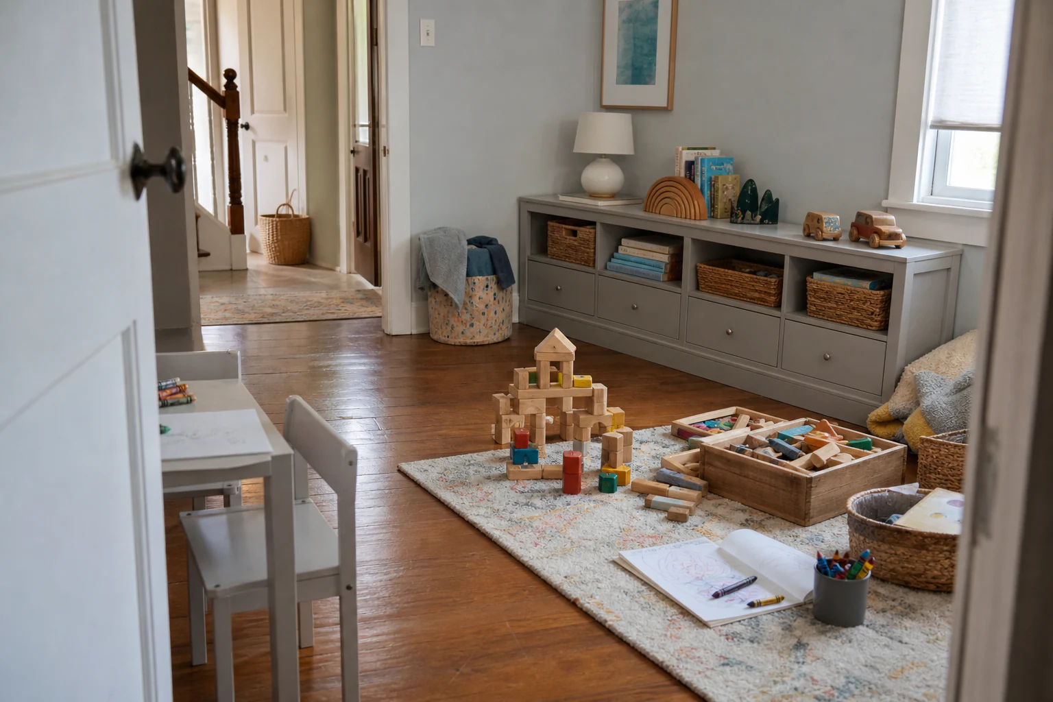 Lived-in playroom after active play with a clear exit route, low open categories, a making table, and a few toys still in use
