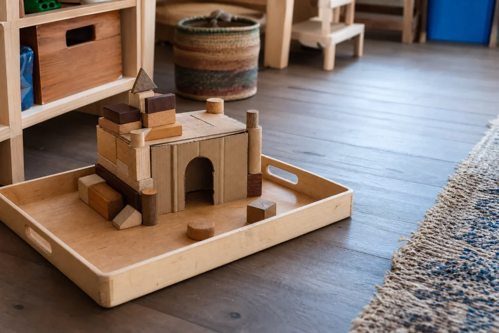 Shallow project tray holding an unfinished block build and drawing materials on a reachable playroom shelf