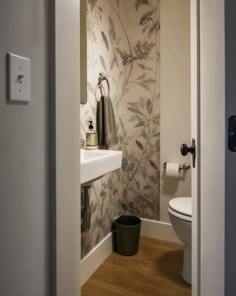 Guest-eye doorway view showing a visible light switch, door edge, sink, soap and hand towel.