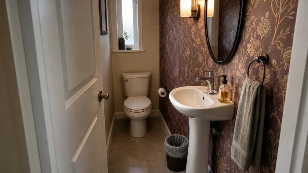 Narrow powder room after use with the hand towel and soap clearly visible from the doorway.