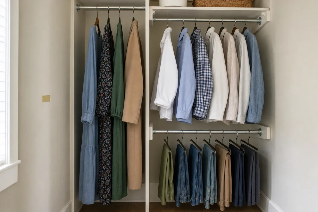 Closet interior with a narrow full-height run for dresses beside short shirts above trousers, with hems clearing the lower rod and floor.
