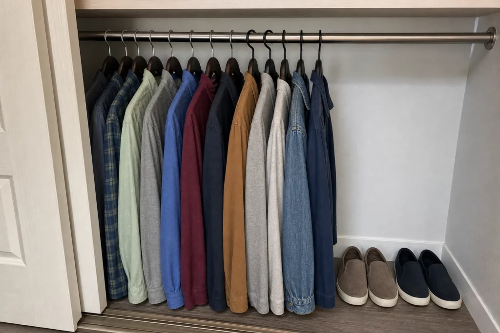 Reach-in closet after a week of normal dressing, with a visually distinct hanger subgroup, an open clean-return rod gap and two pairs of shoes clear of the sliding-door track.