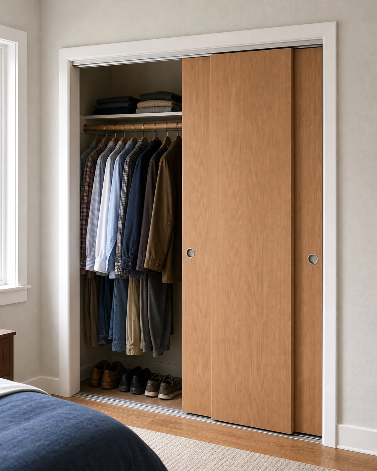 Compact bedroom reach-in closet with two bypass panels stacked at the right, exposing weekday shirts, trousers and shoes through the left opening.