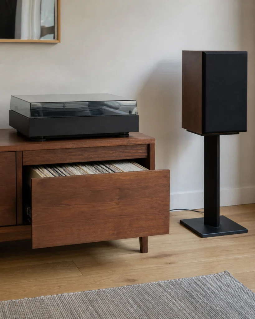 Stable record cabinet with an open drawer clearing the turntable above and a separate speaker stand beside it.