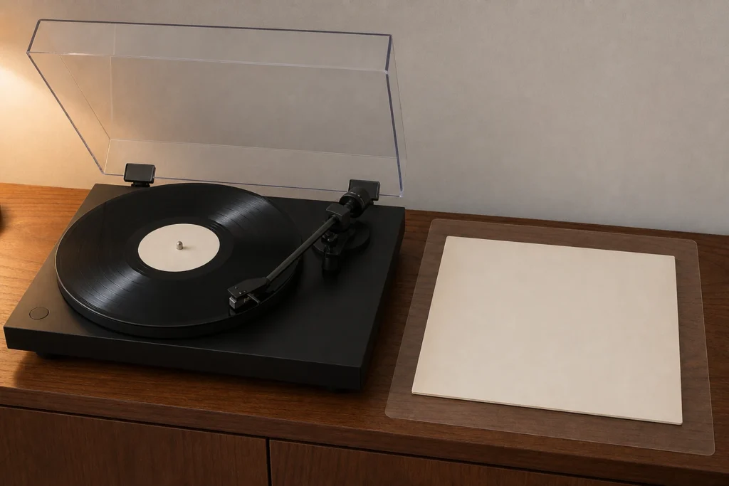 Record player with one plain album jacket resting on a clear side landing space while the record plays.