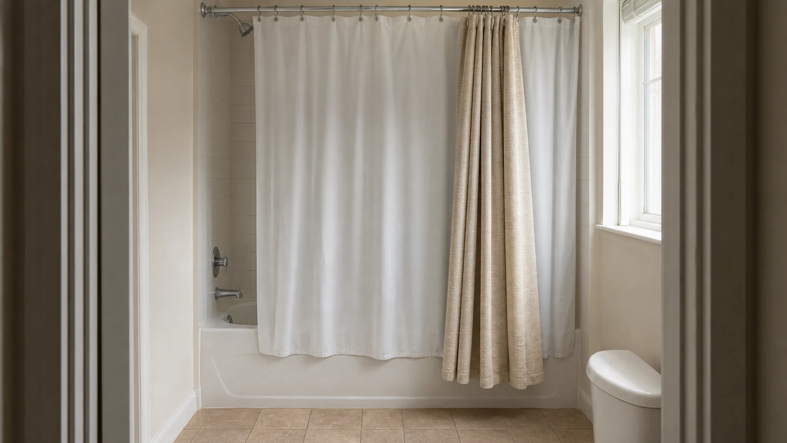 Ordinary bathtub after use with the inner curtain layer extended inside the tub and the floor outside dry.