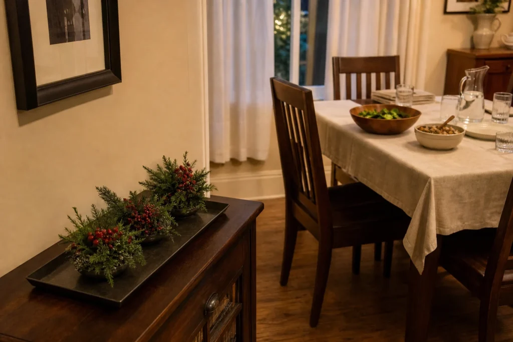Low holiday table decorations resting together on a tray on a clear side shelf while serving dishes occupy the dining table.