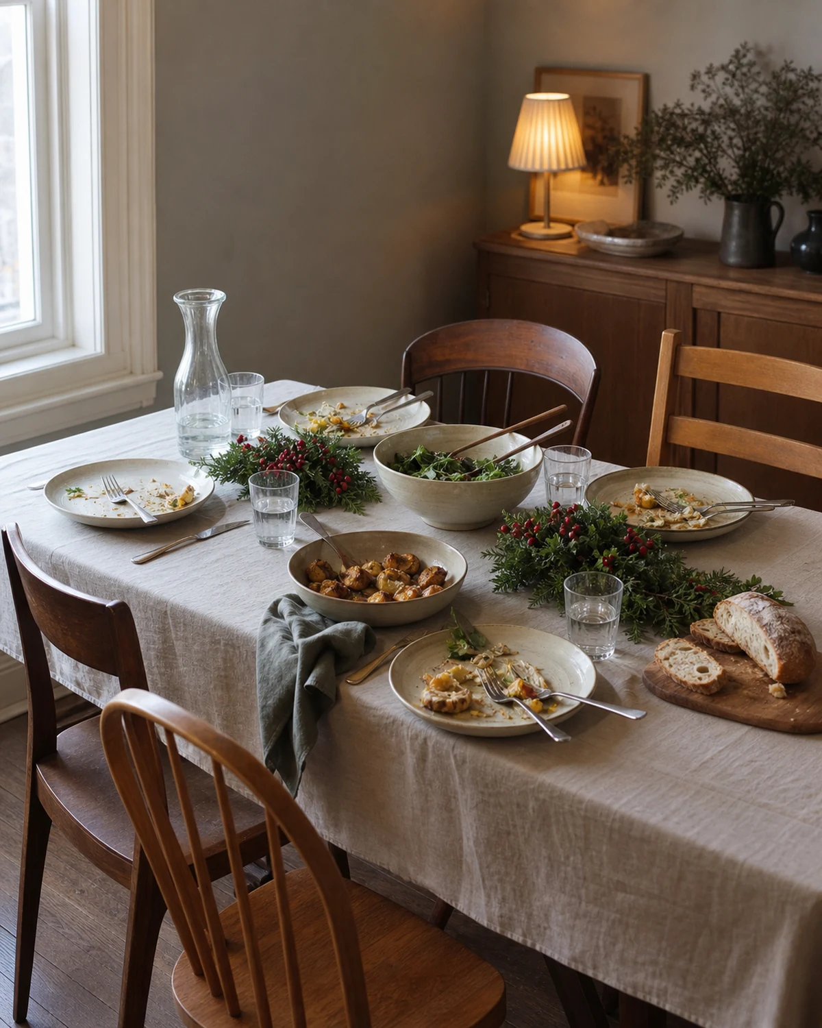 Small rectangular holiday table set for four with two shared dishes, water, a low centre arrangement and open sightlines between chairs.