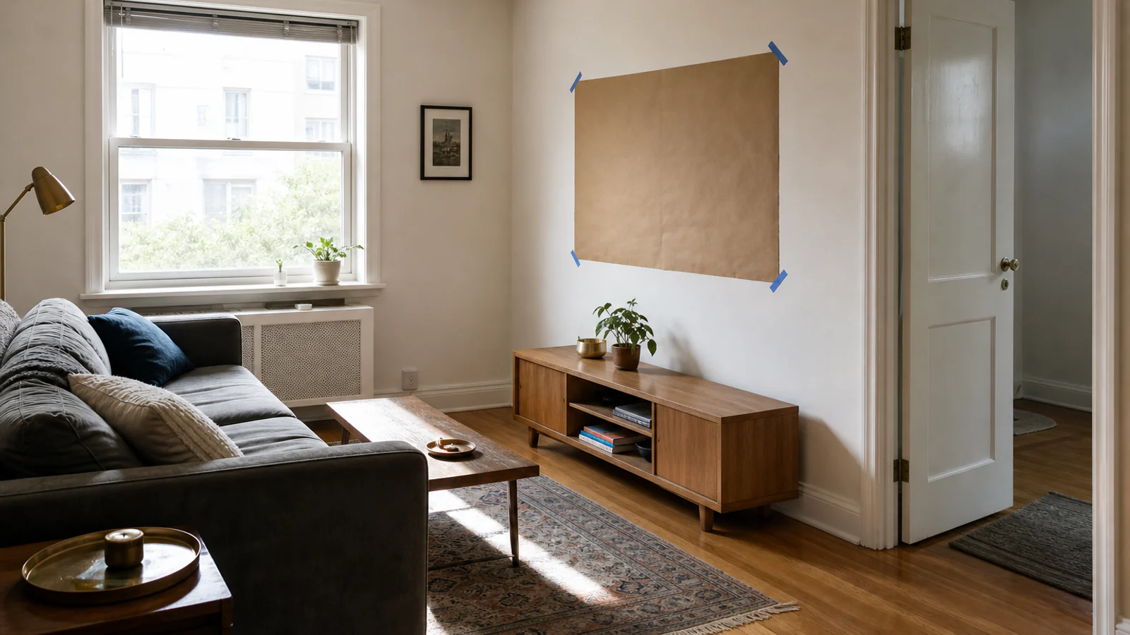 Asymmetrical living room at a bright hour with a removable paper screen outline, an opposite window and the doorway beside a shallow console footprint.