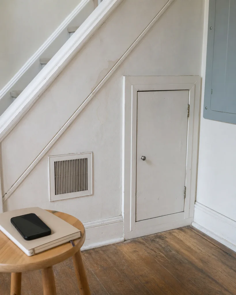 Closed under-stairs access panel, wall grille, faint stain, floor edge and adjacent service-panel edge photographed from outside.