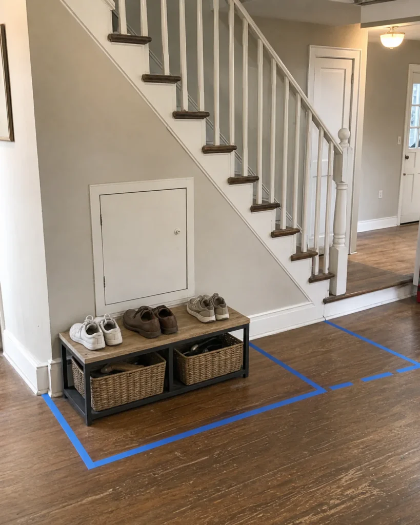 Taped trial revealing a low shoe bench masking an access panel and projecting toward the stair route.
