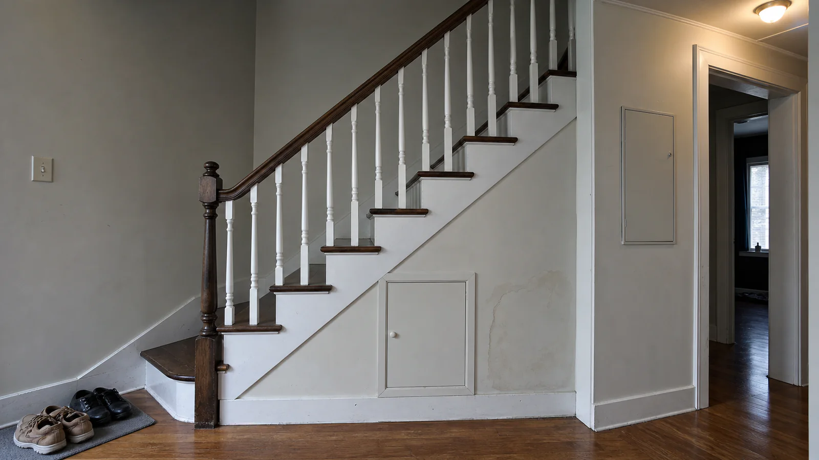 Ordinary hallway staircase with an undecorated open area beneath it, a clear walking route and no fitted cabinetry