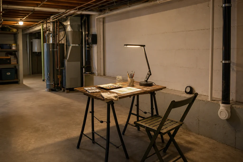 Unfinished basement hobby corner at night with task lighting, a washable chair cover, and utilities left accessible