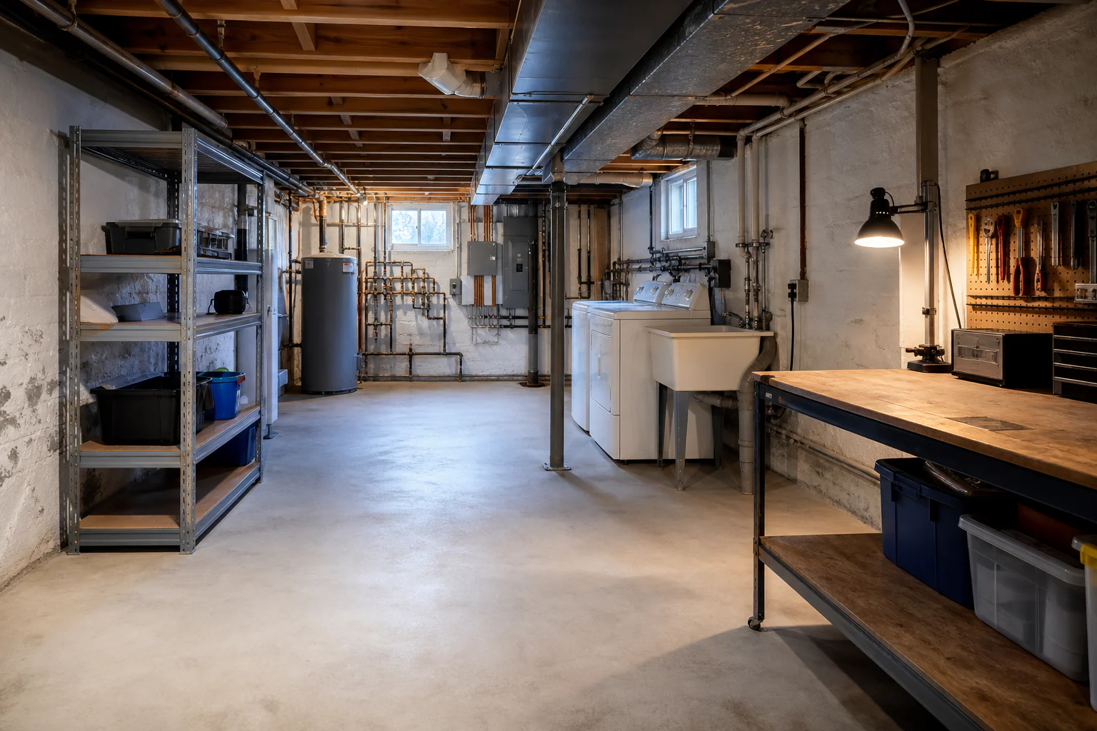 Clean unfinished basement with exposed services, a dry inspected wall, bright work lighting, and one modest reversible activity zone