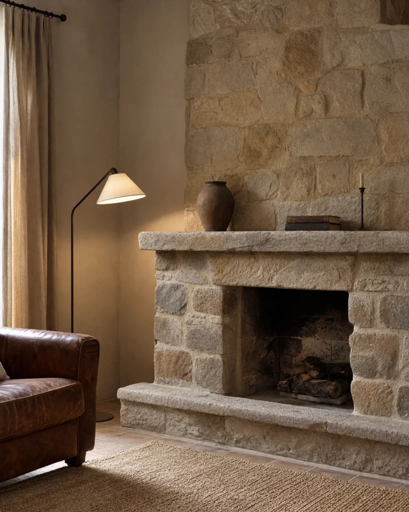Existing beige textured fireplace surround revealed with a quiet mantel, flax-look curtain, practical lamp and partial worn brown chair.