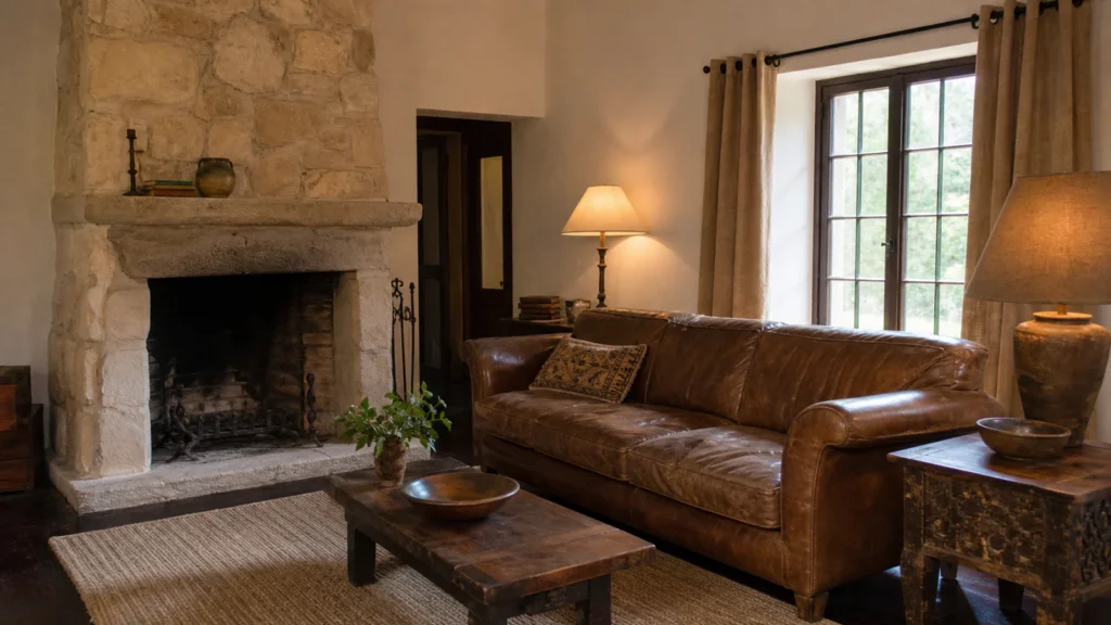 Warm lived-in living room with a beige textured fireplace surround, dark wood-toned floor, brown leather-like seating and simplified flax-look curtains after a restrained movable-layer edit